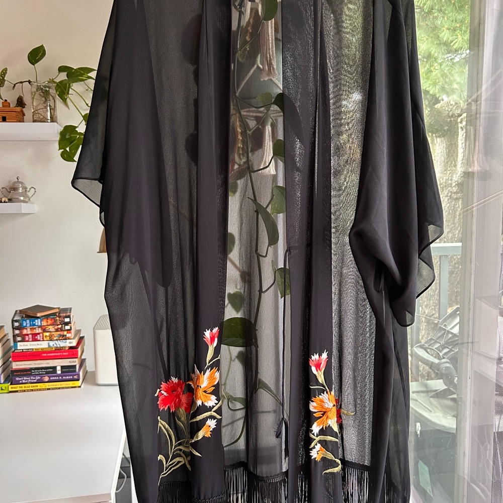 Natori Black Sheer Kimono with Floral Details